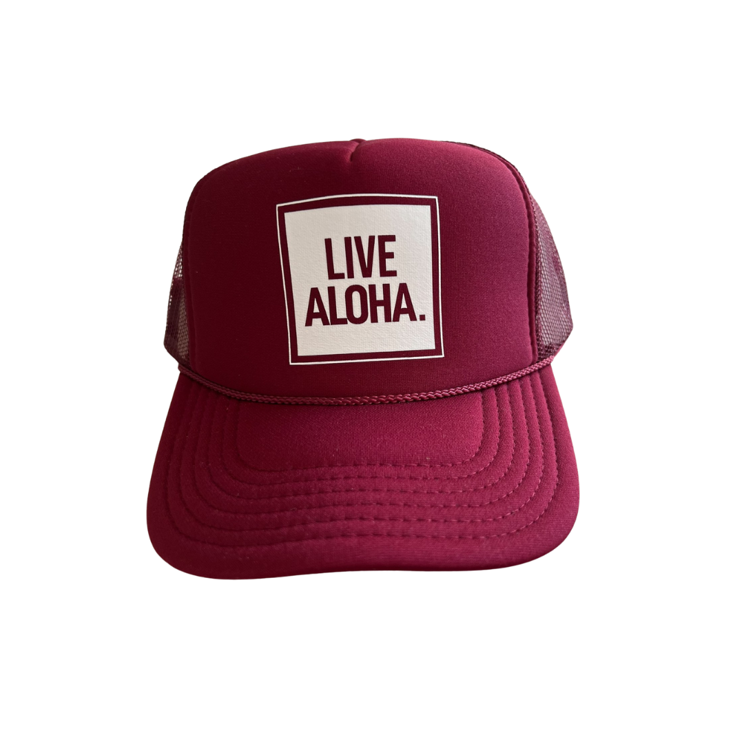 Live Aloha White on Maroon Trucker Hat