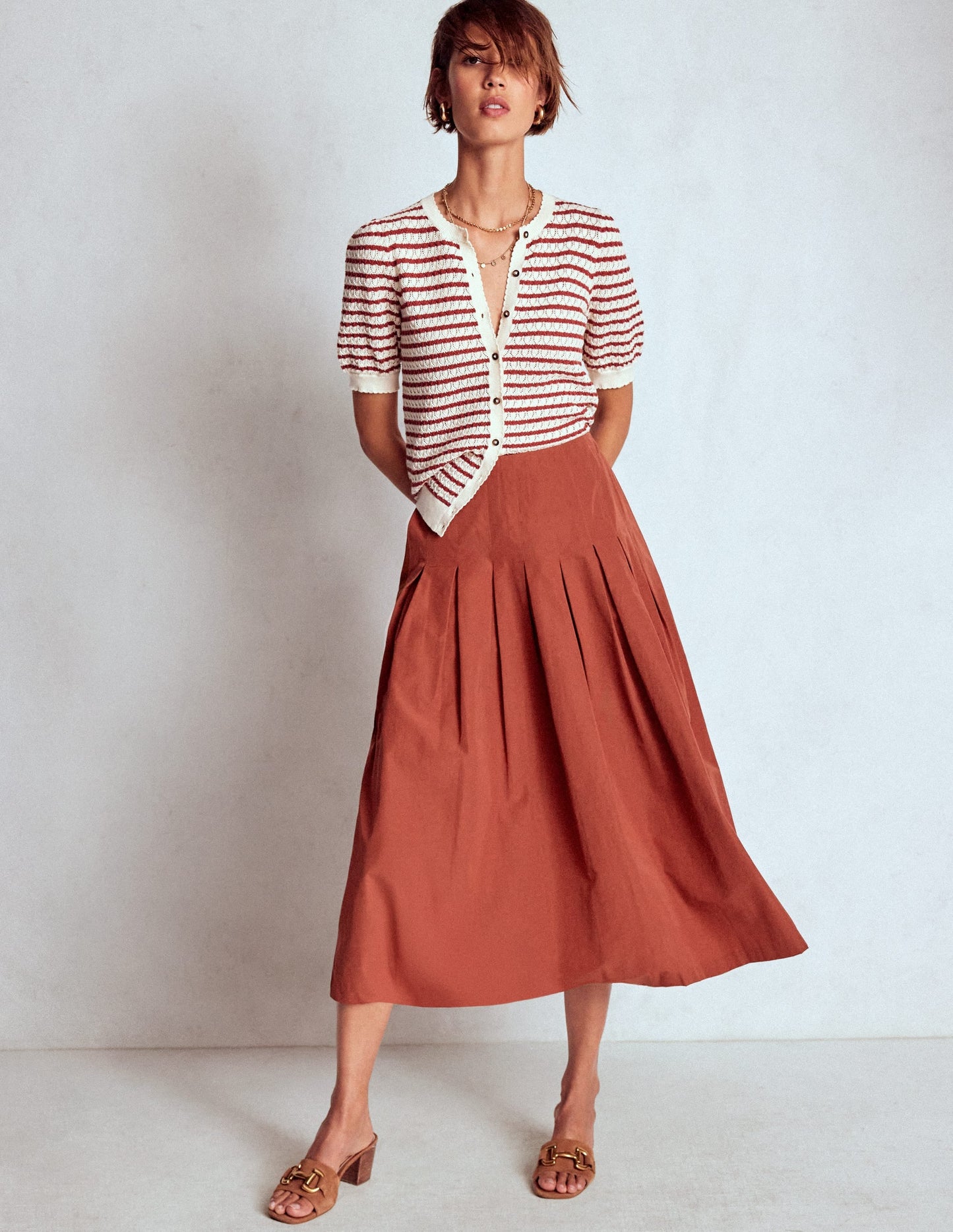 Valentina Taffeta Midi Skirt-Roasted Chestnut Brown