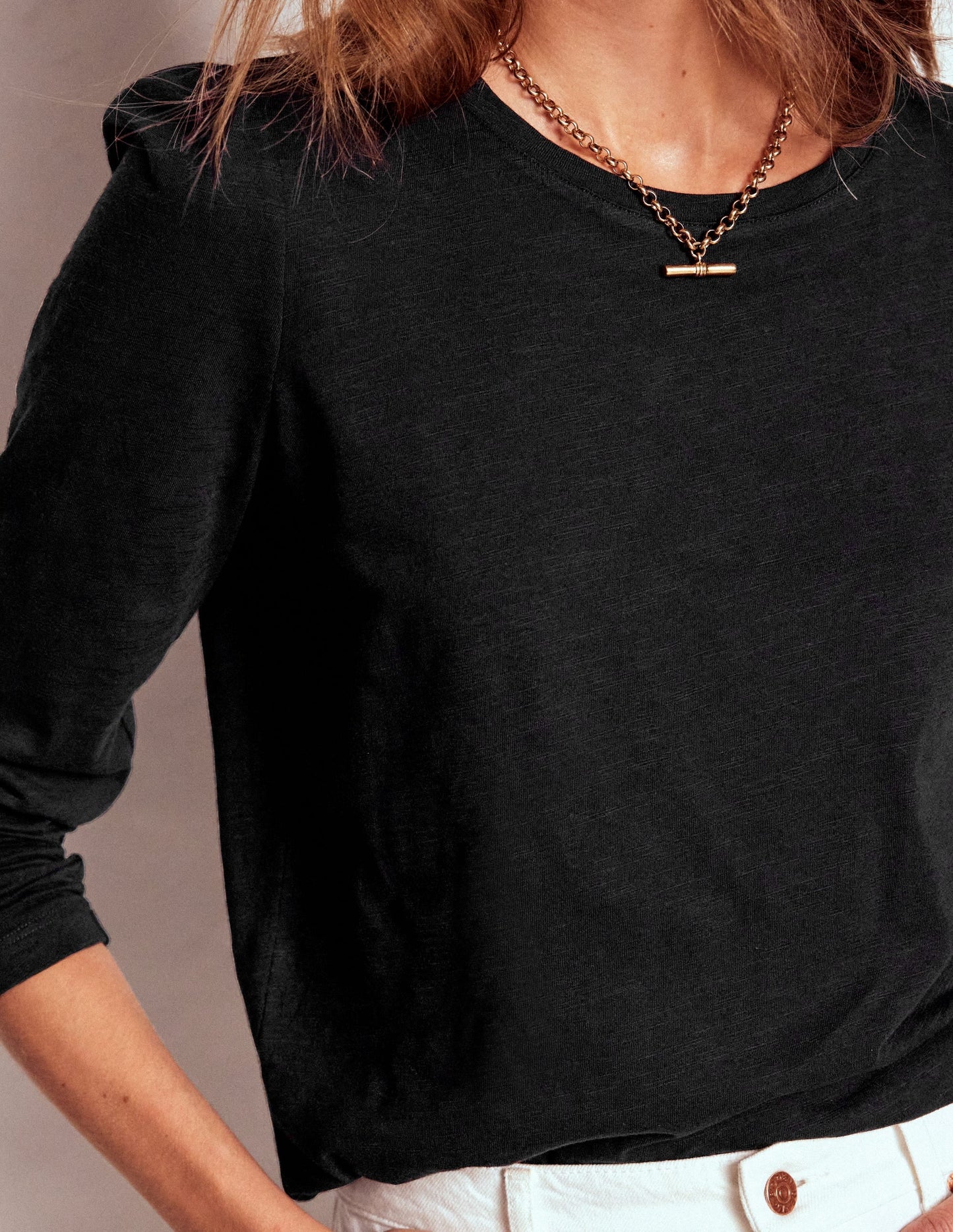 Cotton Crew Long Sleeve Top-Black