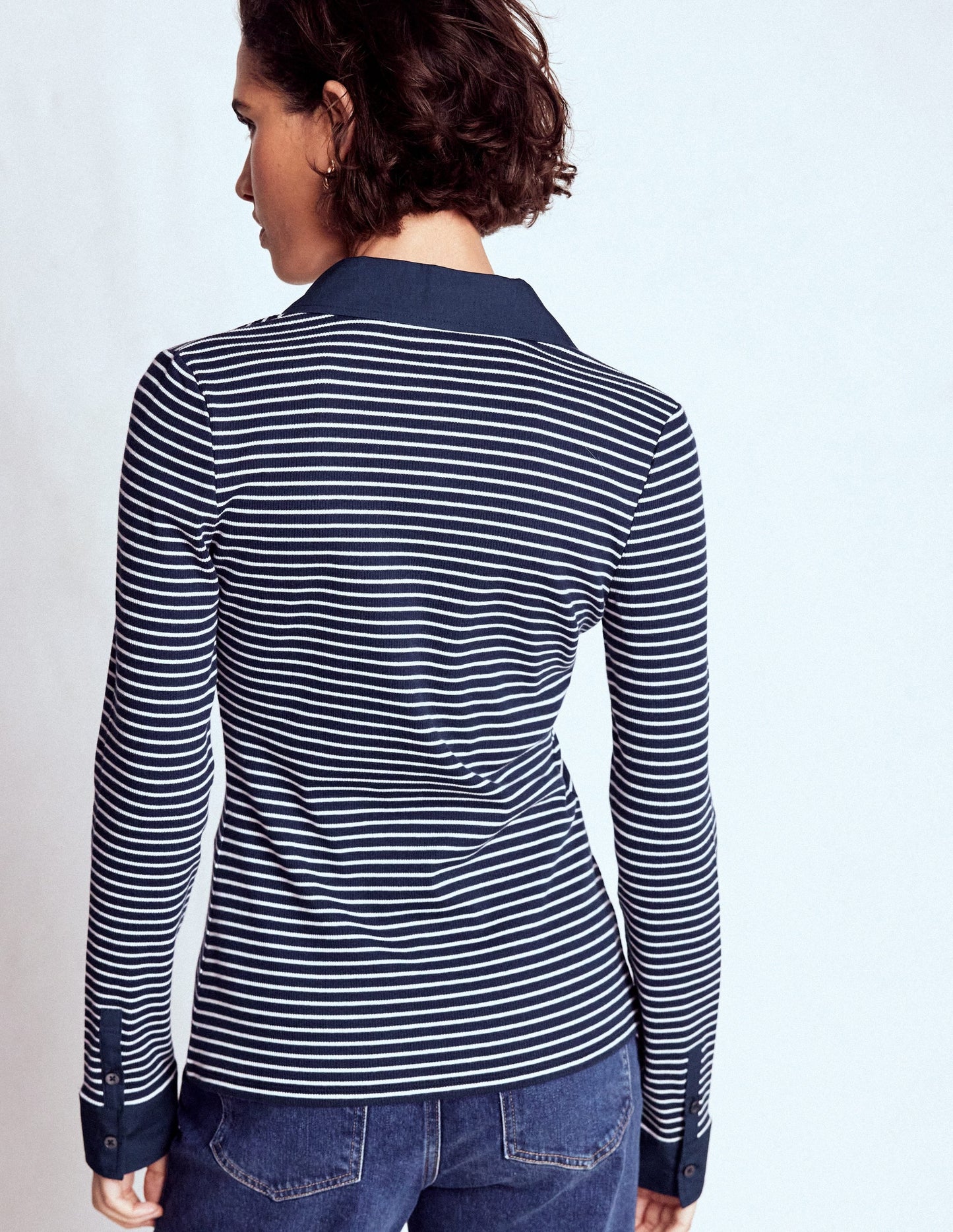 Collared Button Through Top-Navy and Ivory Stripe
