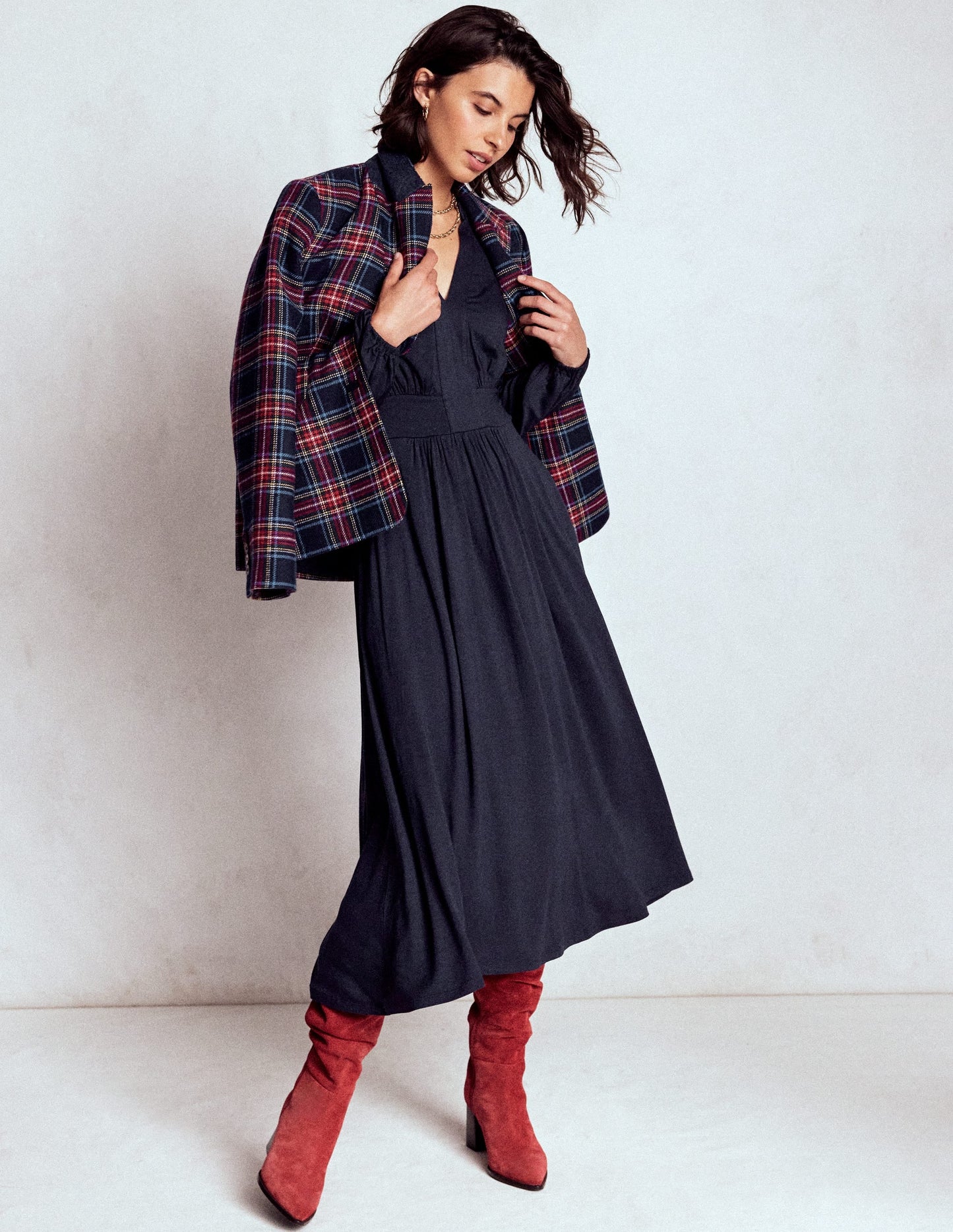 Lily Long Sleeve Midi Dress-Navy