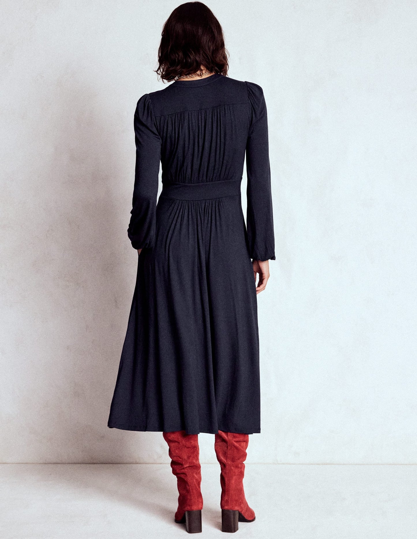 Lily Long Sleeve Midi Dress-Navy