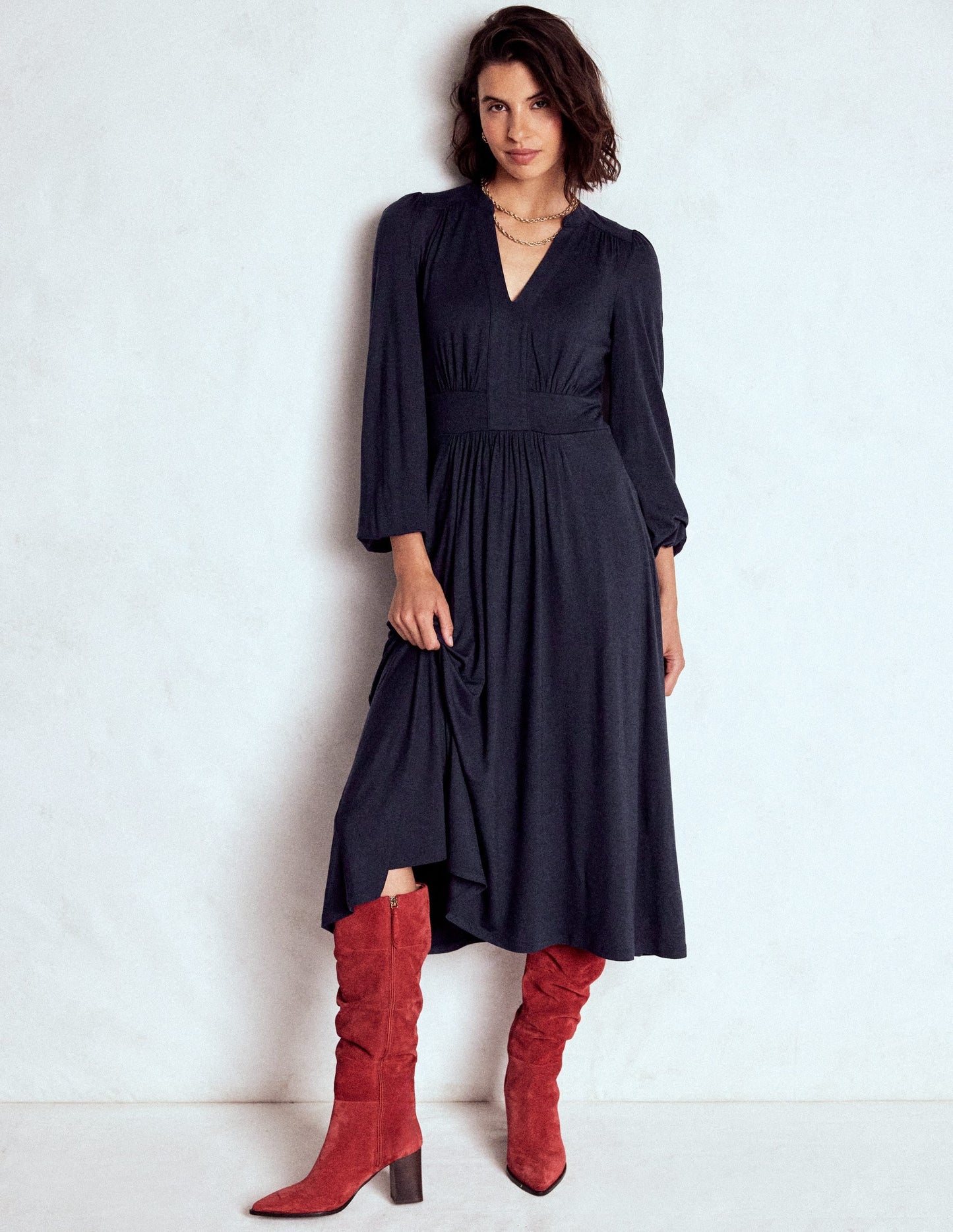 Lily Long Sleeve Midi Dress-Navy