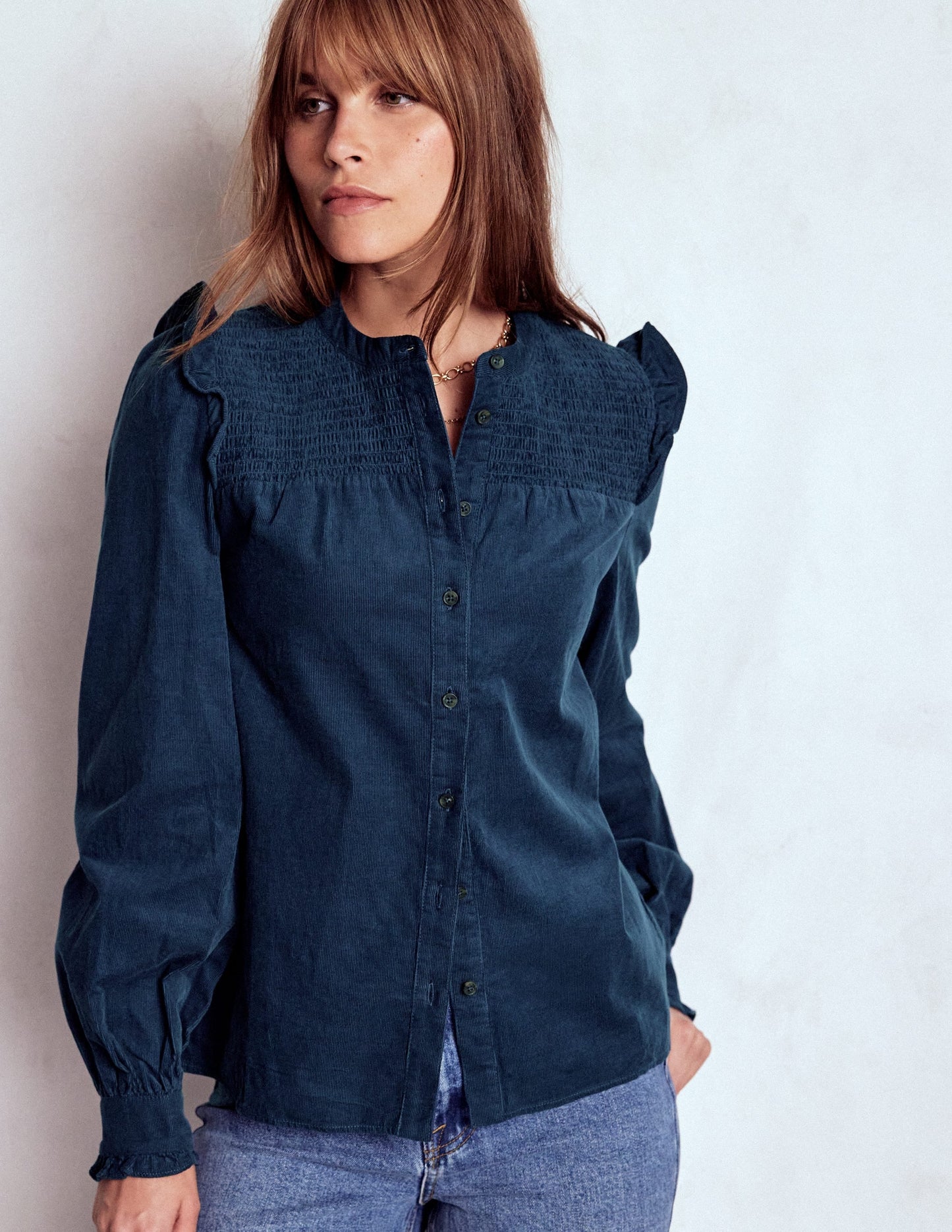 Smocked Yoke Cord Top-Midnight Ocean