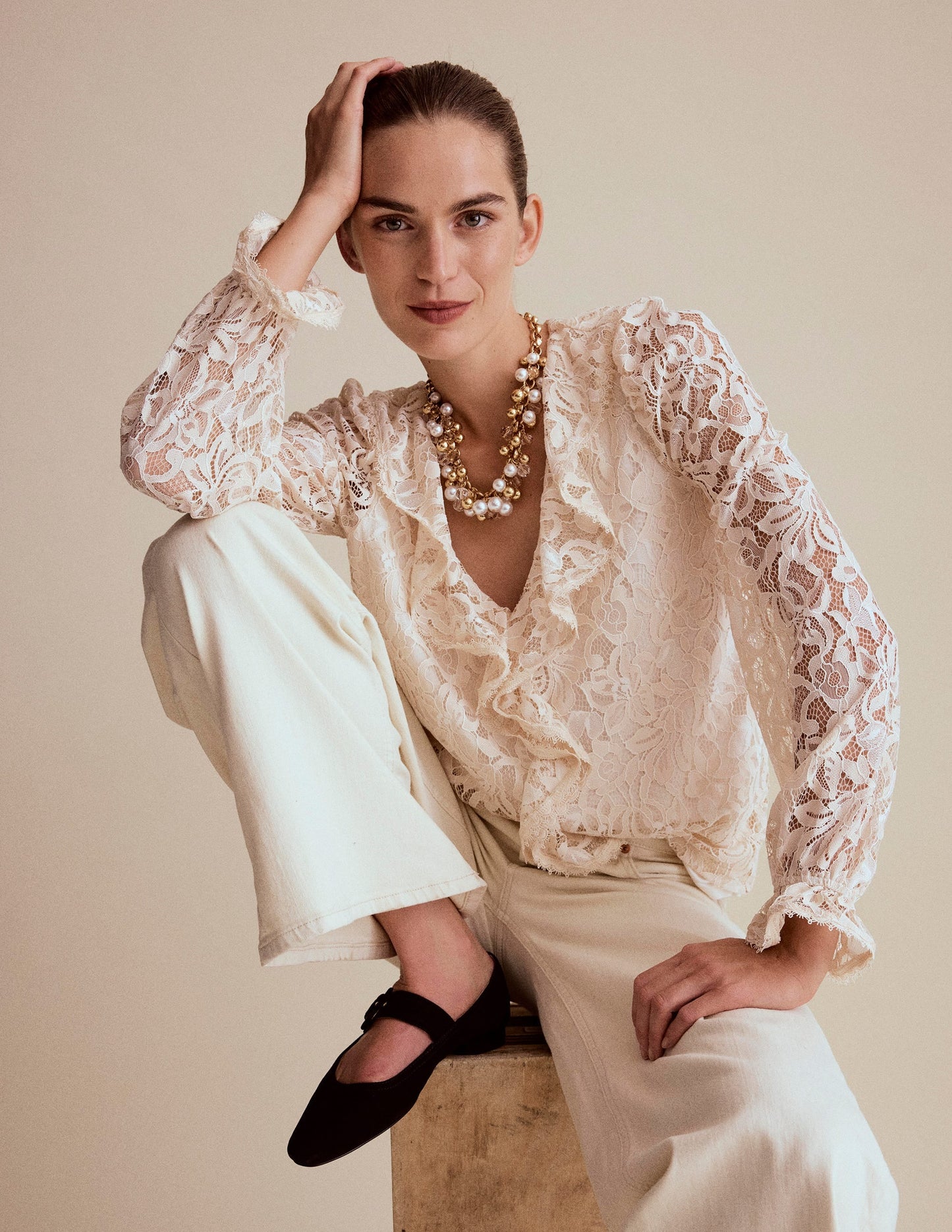 Ruffle Detail Lace Blouse-Ivory