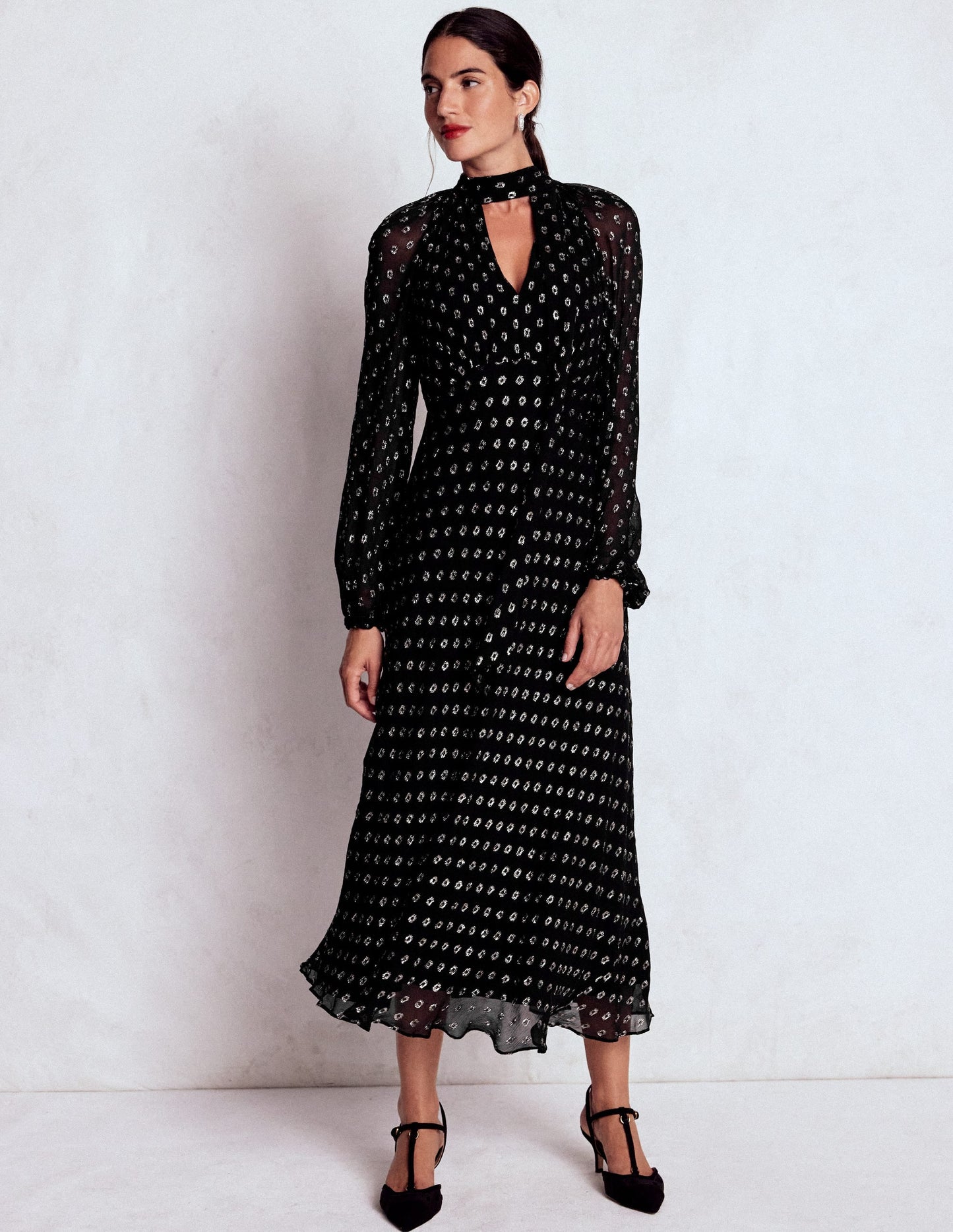 Tie Neck Midi Dress-Black and Silver Clip