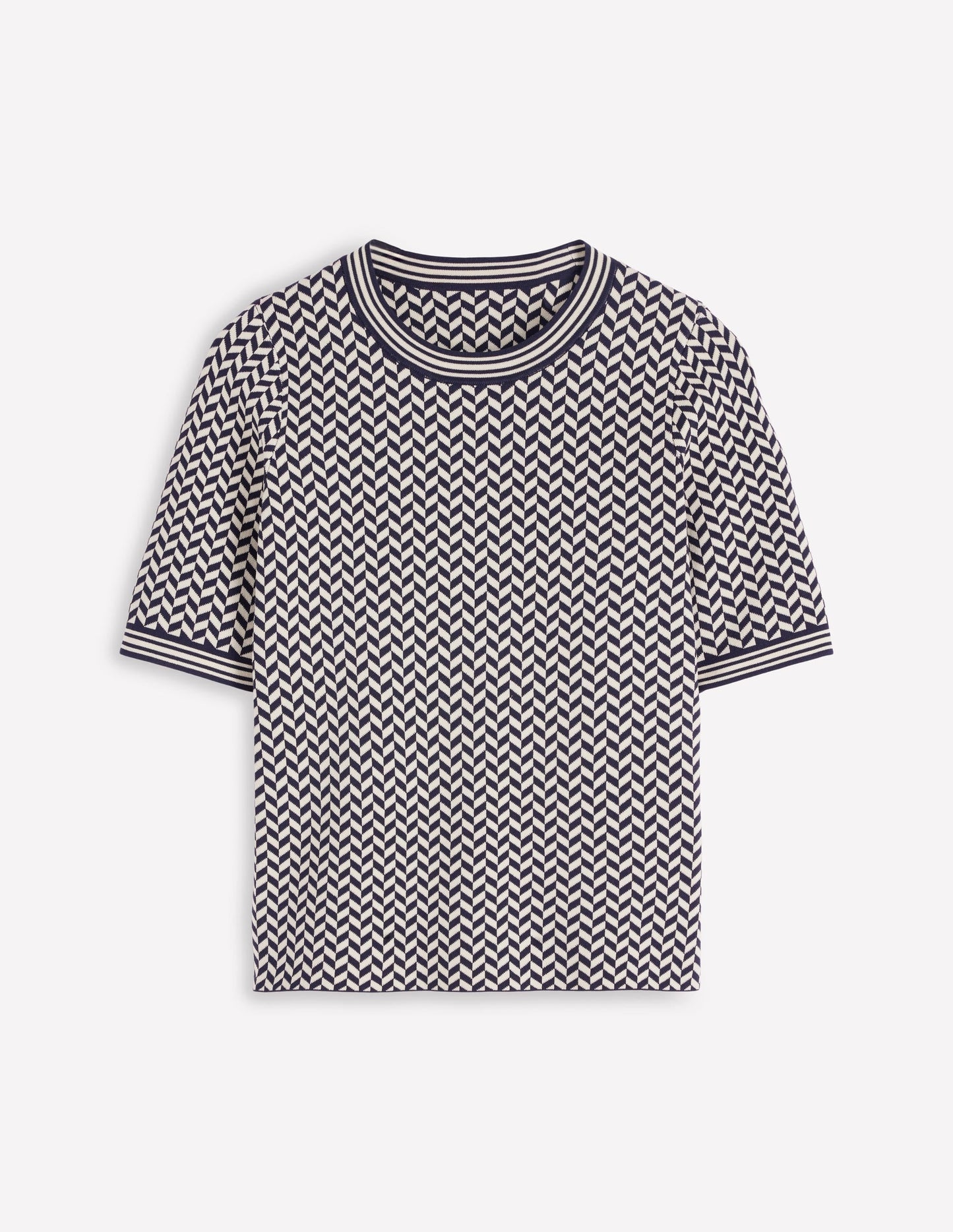 Jacquard Knitted T-Shirt-Navy/ Ivory Dogtooth