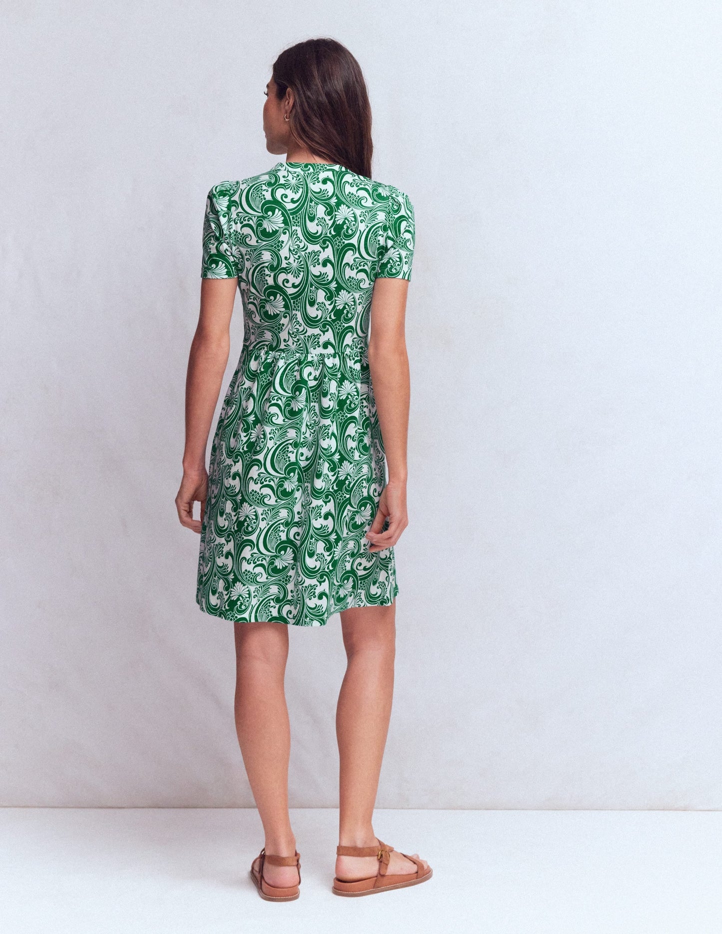 Naomi Short Sleeve Dress-Jewel Green, Foliage Whirl