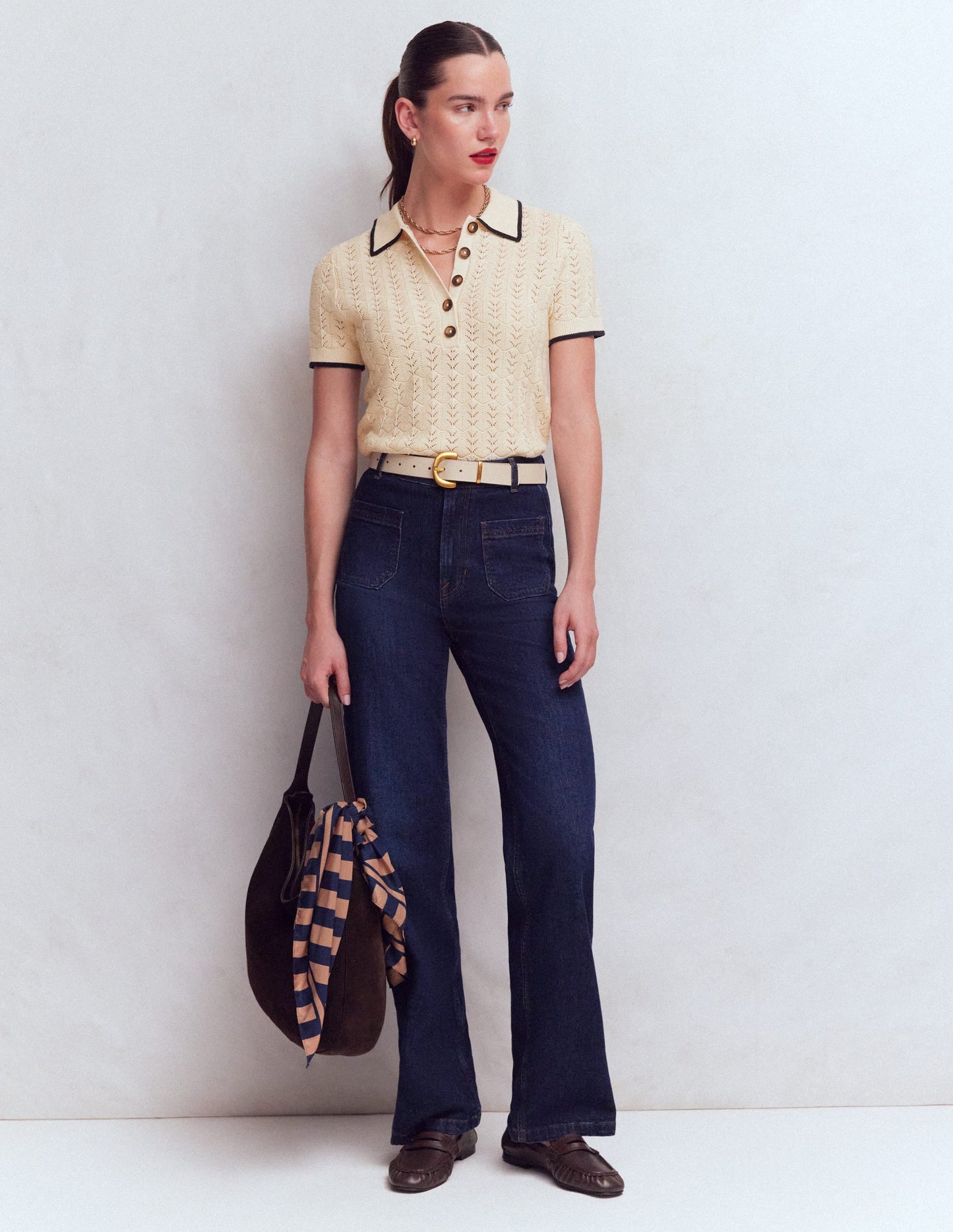 Pointelle Henley T-shirt-Cream