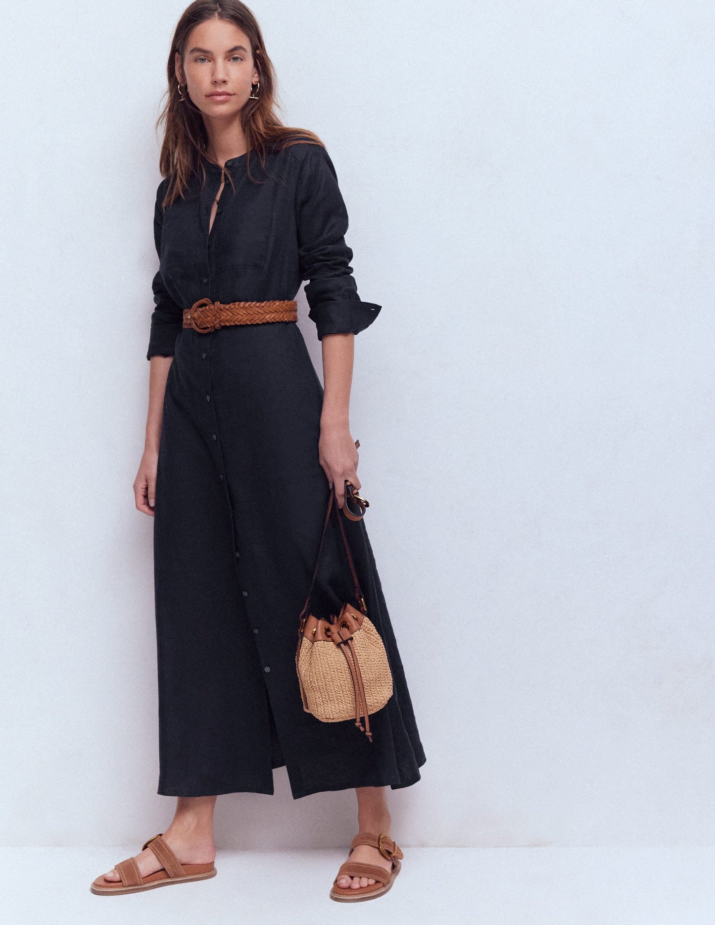 Mollie Linen Midi Dress-Navy
