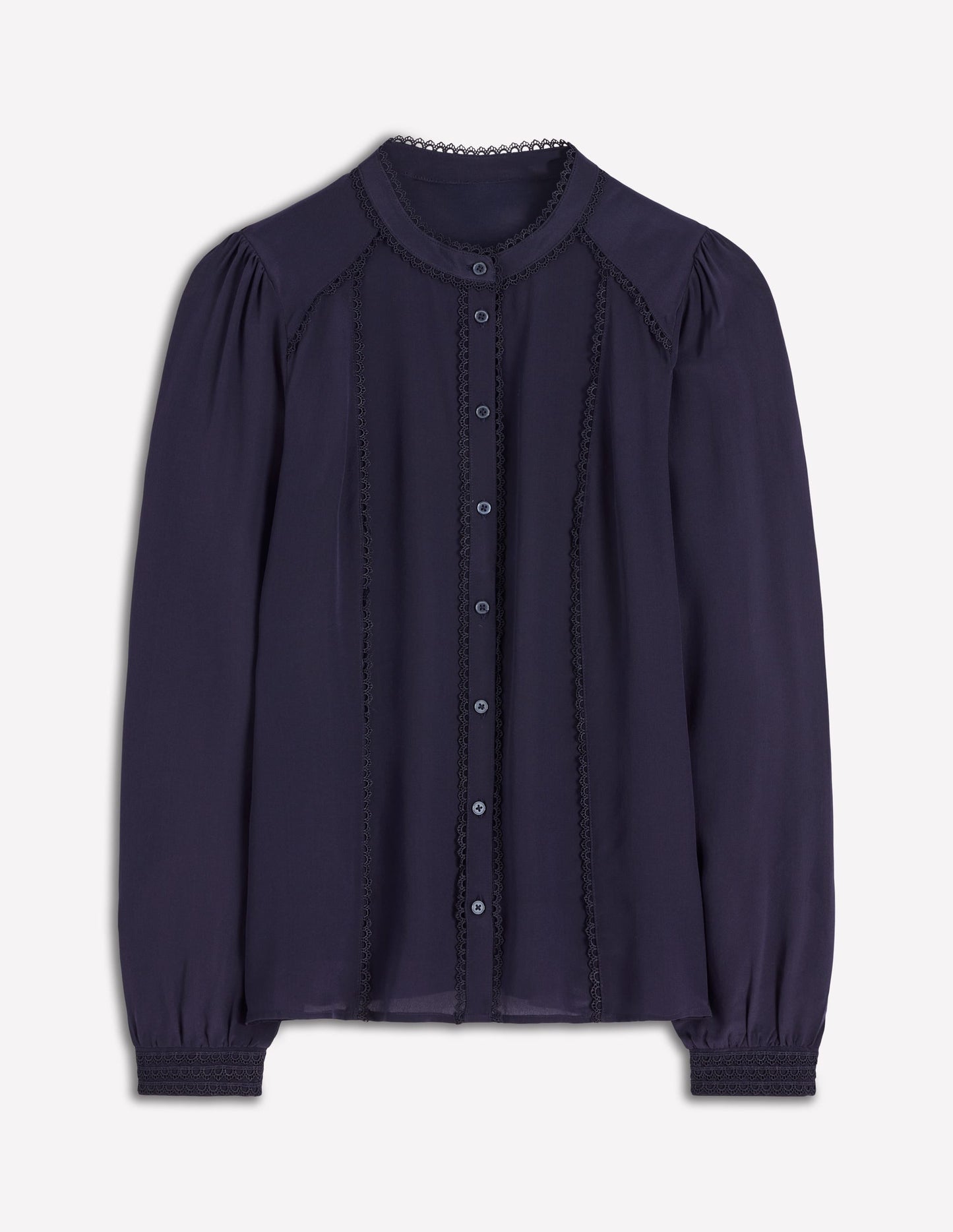 Rhea Trim Detail Silk Top-Denim Blue, Blossomy Sprig