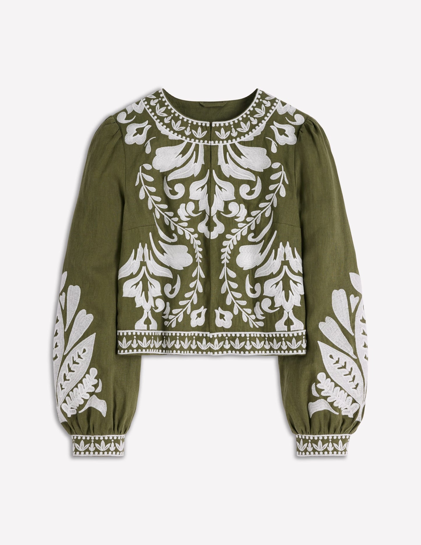 Embroidered Linen Jacket-Woodland Green