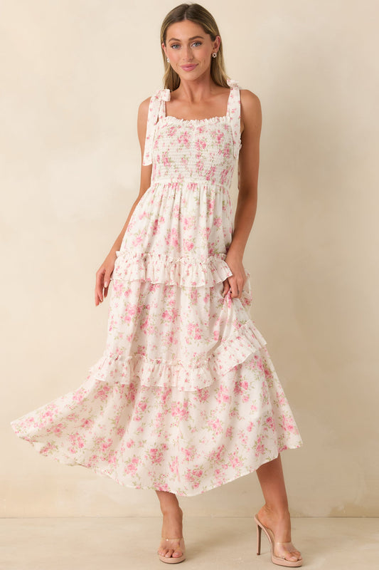 Afternoon Like This Ivory & Pink Floral Ruffle Tiered Cotton Midi Dress