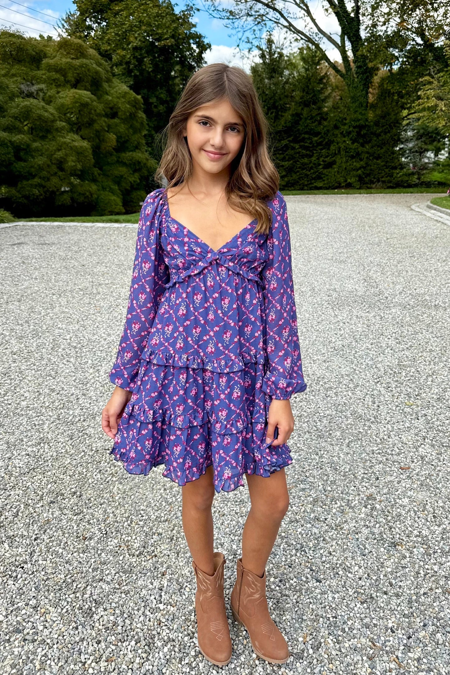 TWEEN ANNALISE PRINTED TWIST FRONT LONG SLEEVE DRESS - FINAL SALE