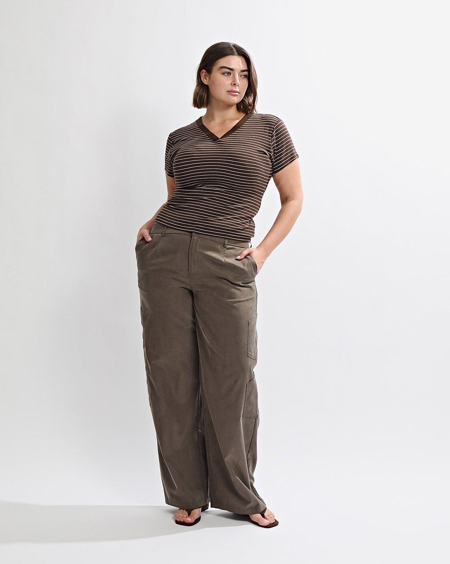 Zeya V Neck Tee Brown/Cream Stripe
