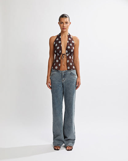 Suri Halter Top Brown/Blue Polka