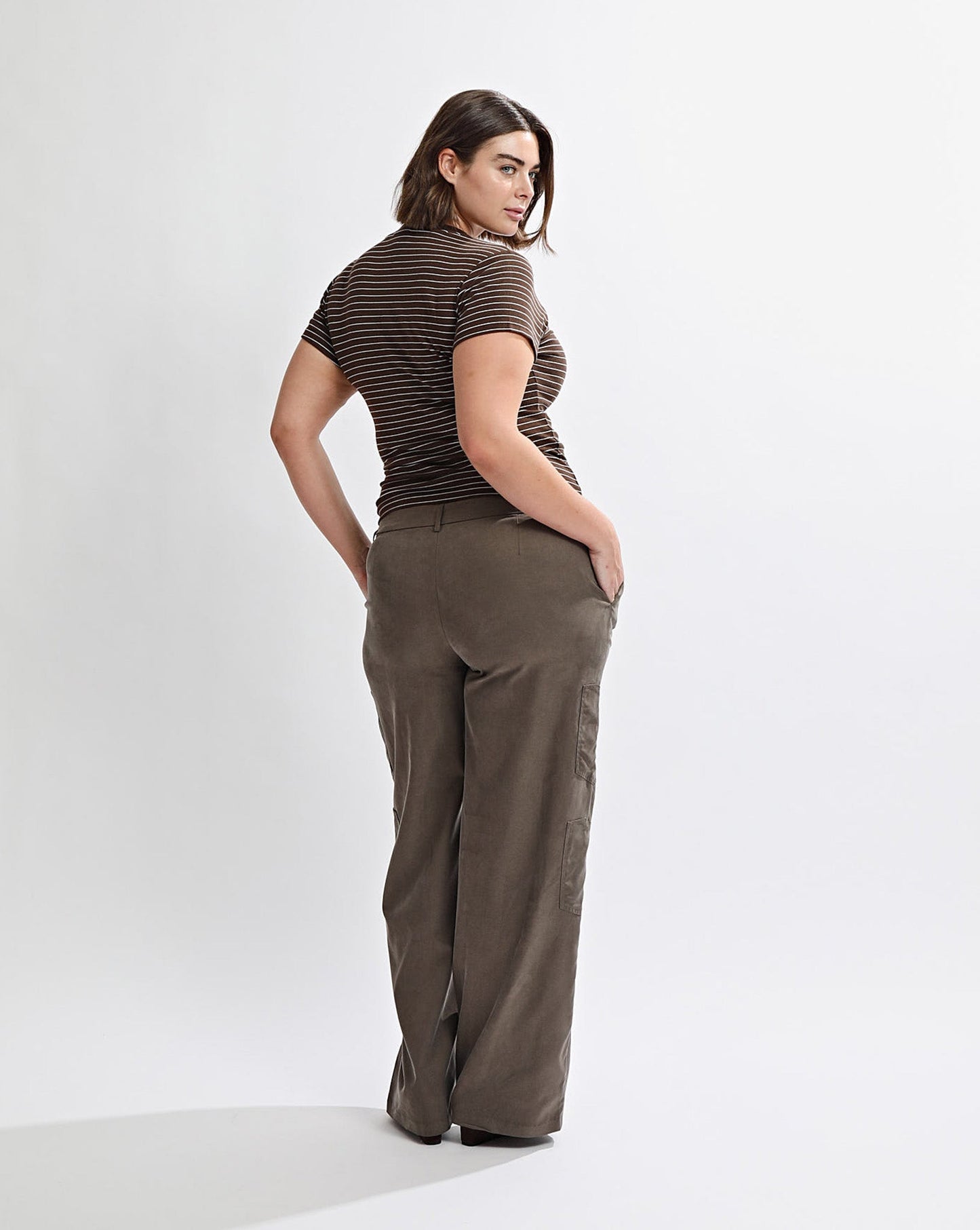 Zeya V Neck Tee Brown/Cream Stripe