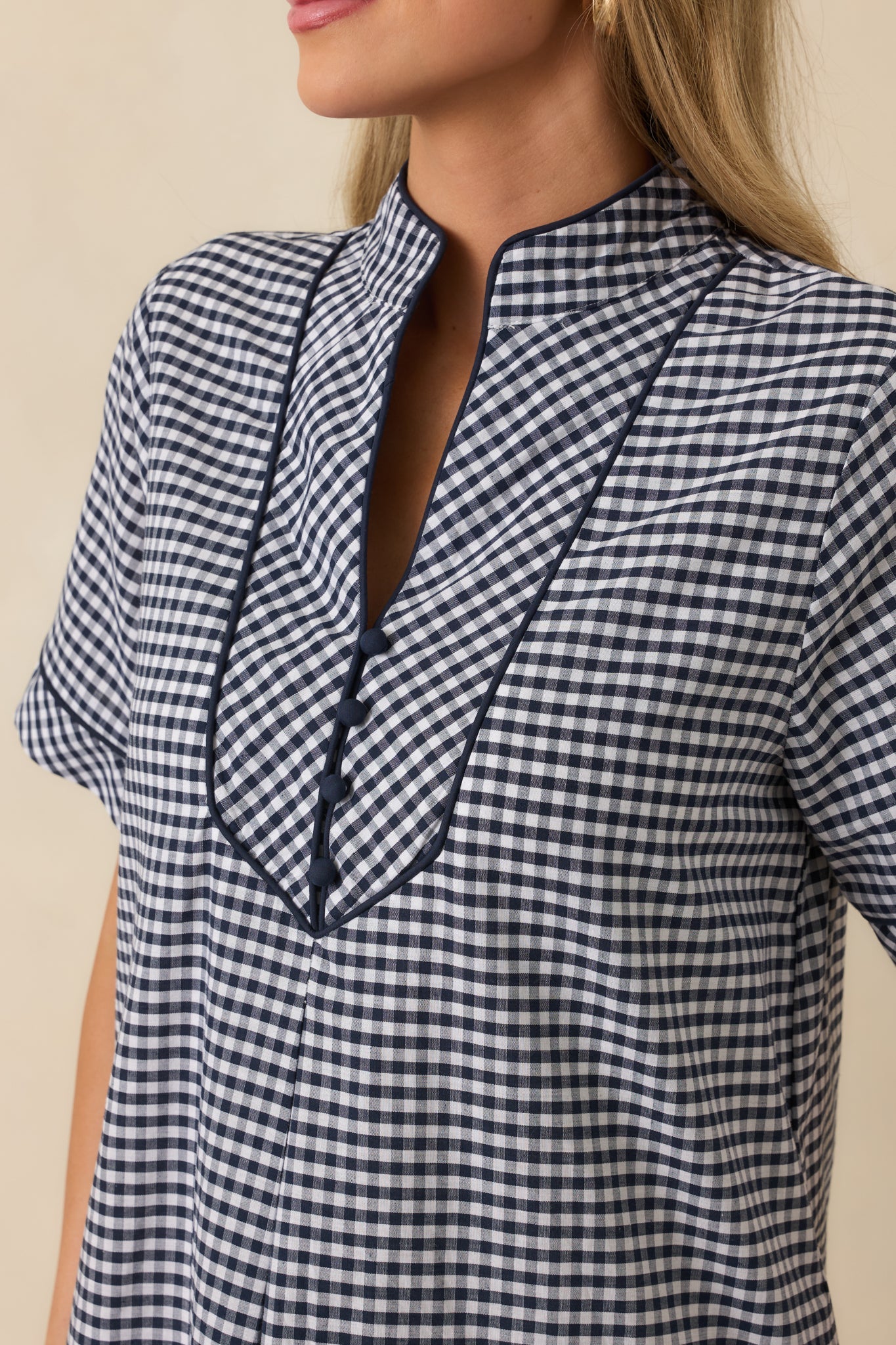 Afternoon Plans Navy Gingham Cotton V-Neck Maxi Dress
