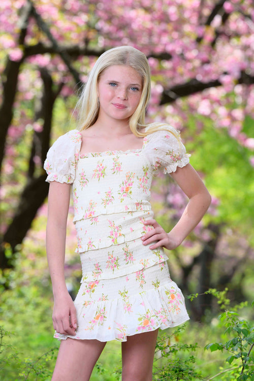 TWEEN LAILA PRINTED SMOCKED PUFF SLEEVE DRESS
