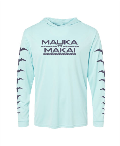 Mauka to Makai Grey on Light Blue Hooded Long Sleeve Drifit