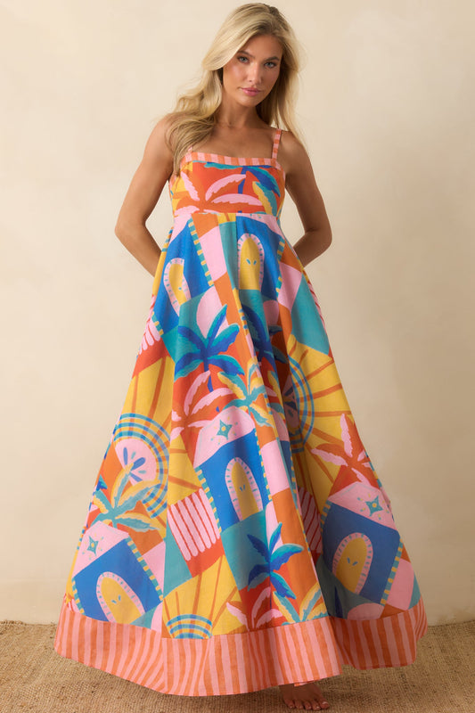 Paradisa Atlantis Multi Tropical Mosaic Linen Blend Maxi Dress