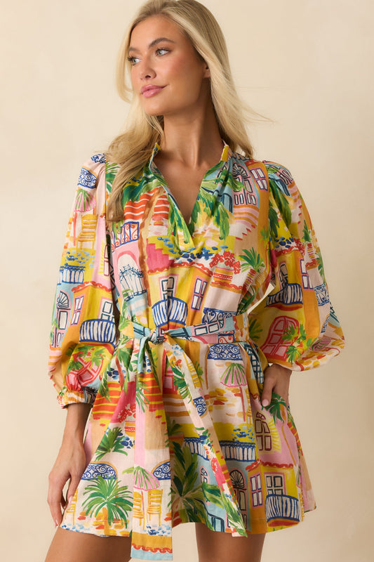 Paradisa Conch Key Multi Coastal Village Print Cotton Mini Dress