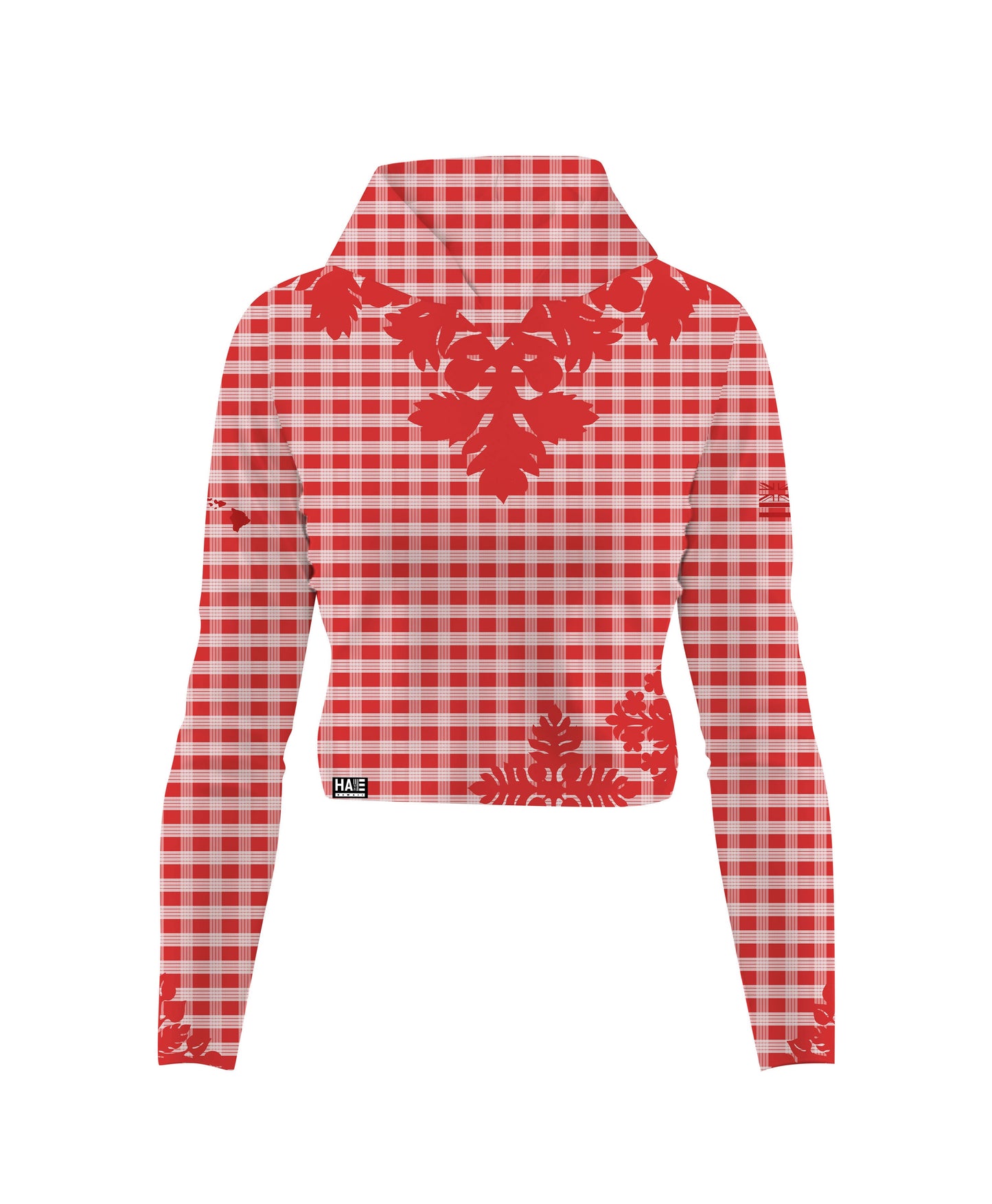 Palaka Kuiki Wahine V-Neck Hooded Crop Longsleeve Drifit Red