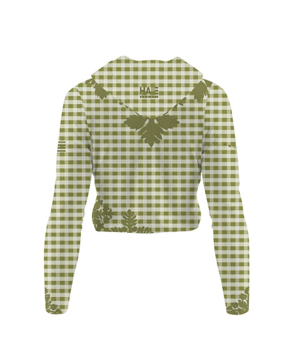 Palaka Kuiki Wahine V-Neck Hooded Crop Longsleeve Drifit Olive Green