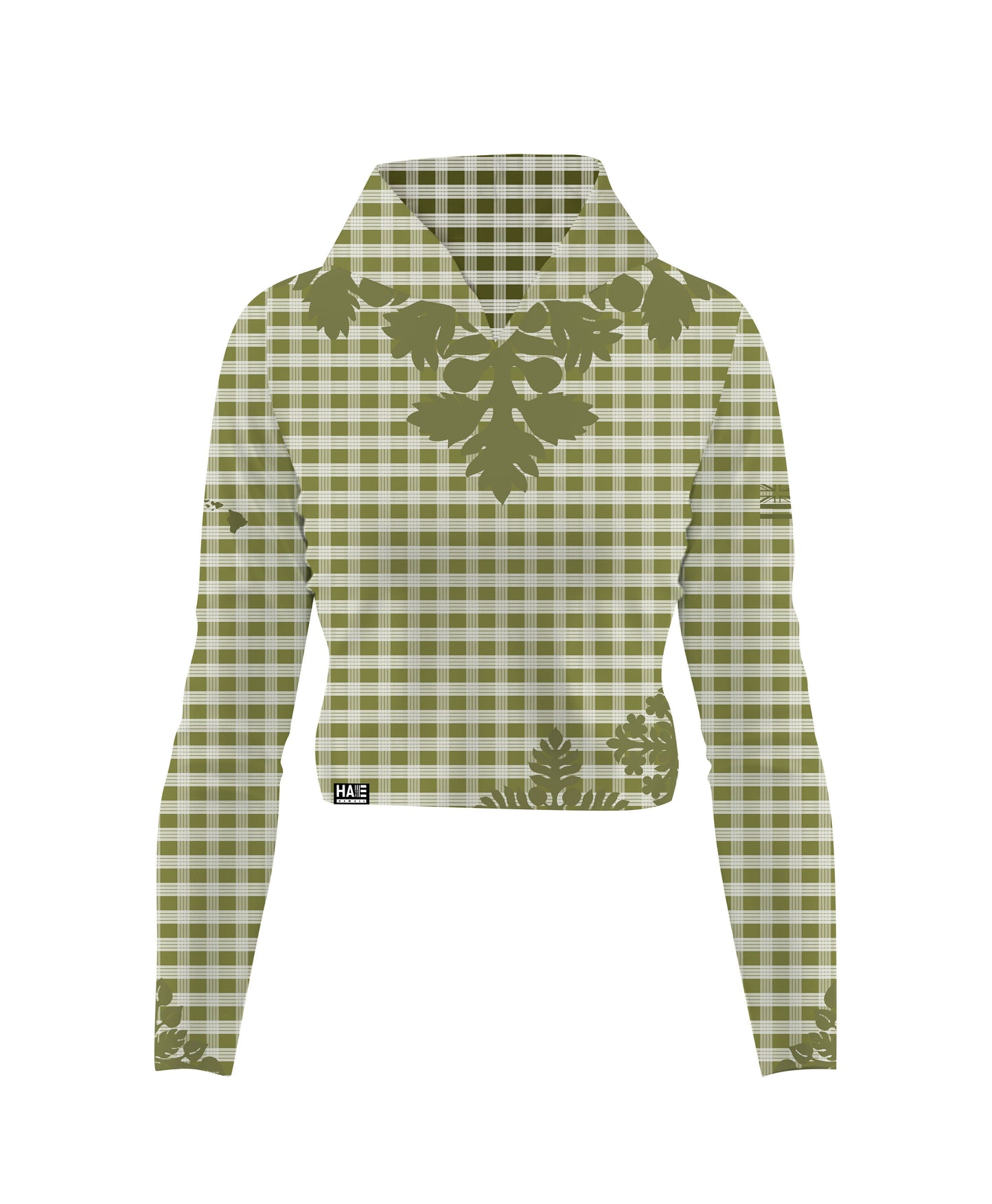 Palaka Kuiki Wahine V-Neck Hooded Crop Longsleeve Drifit Olive Green