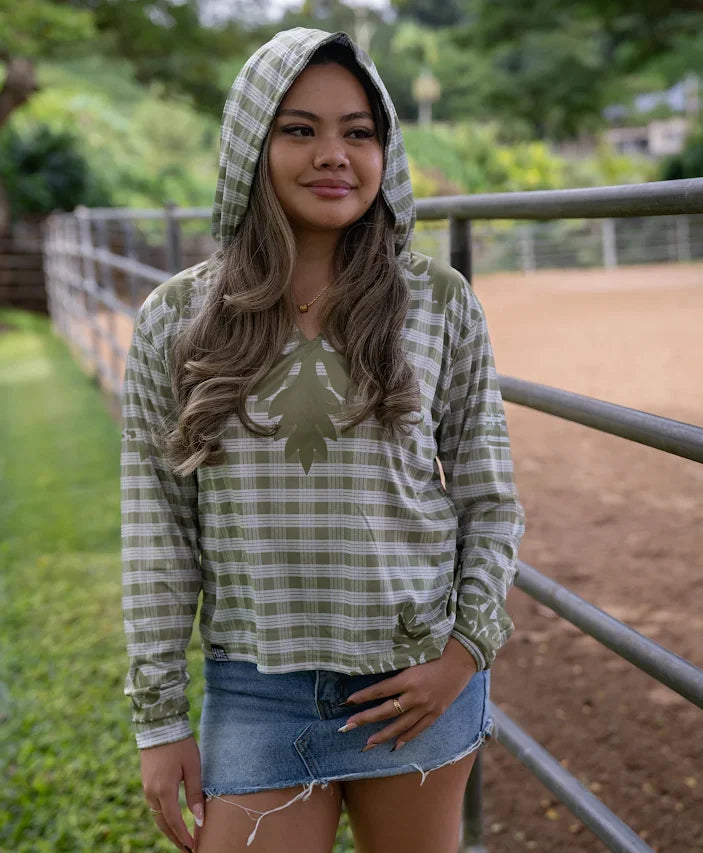 Palaka Kuiki Wahine V-Neck Hooded Crop Longsleeve Drifit Olive Green