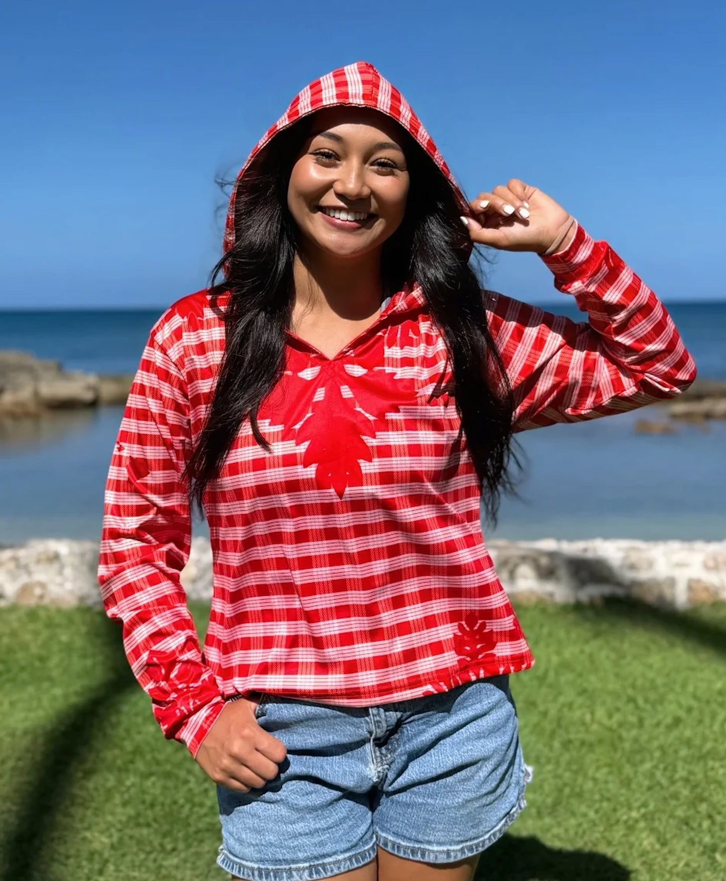 Palaka Kuiki Wahine V-Neck Hooded Crop Longsleeve Drifit Red