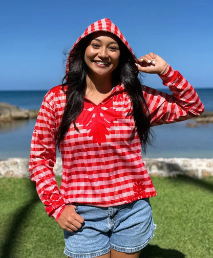 Palaka Kuiki Wahine V-Neck Hooded Crop Longsleeve Drifit Red