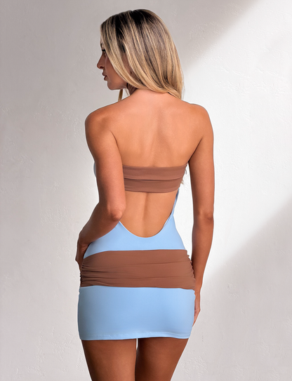 EOS MINI DRESS - SOFT BLUE AND MOCHA