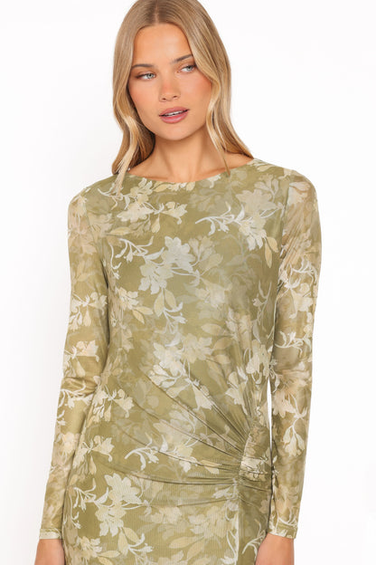 Chelsea Ruched Mesh Maxi Dress - Green Floral