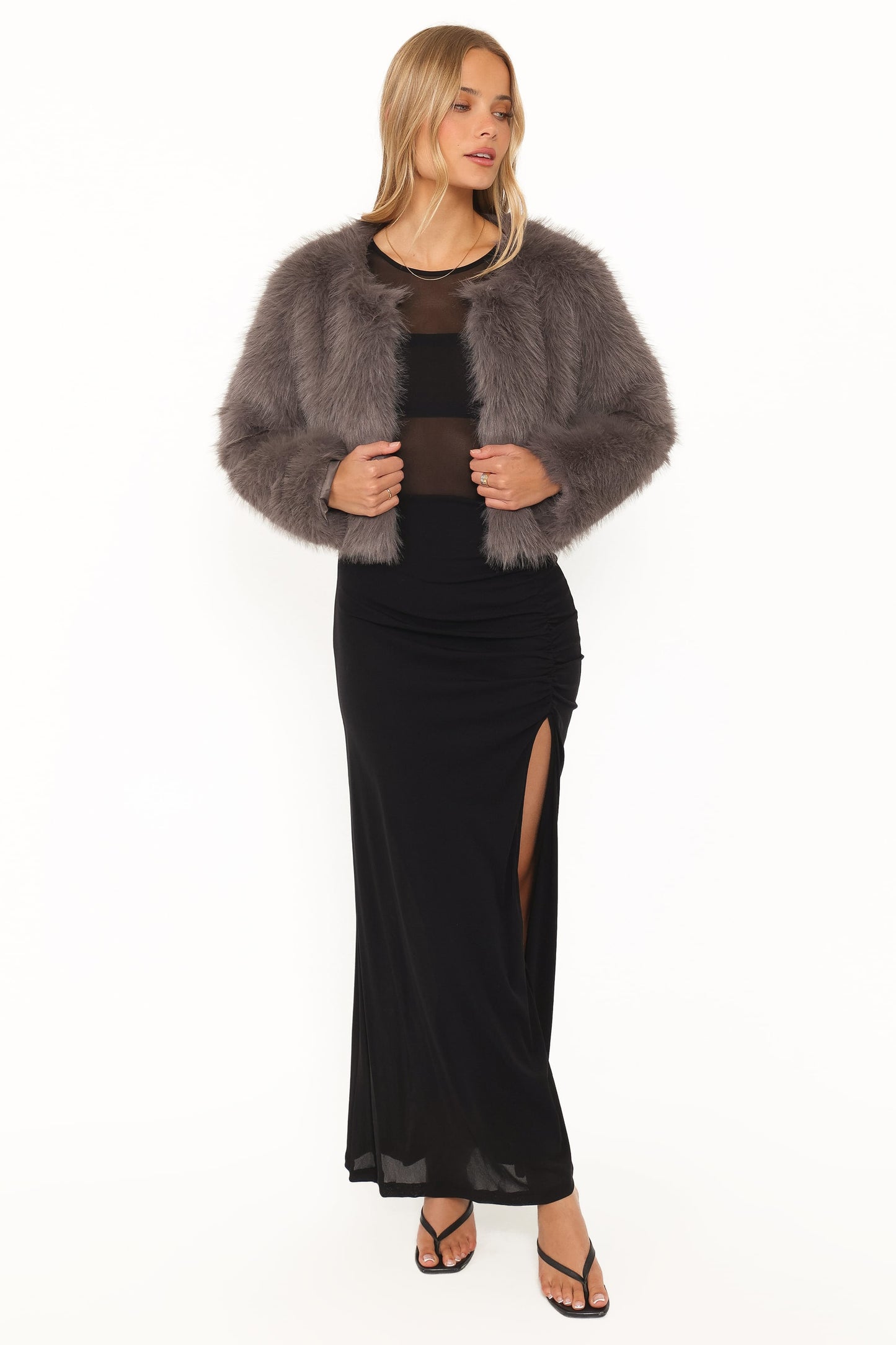 Connie Faux Fur Cropped Jacket - Gunmetal Grey