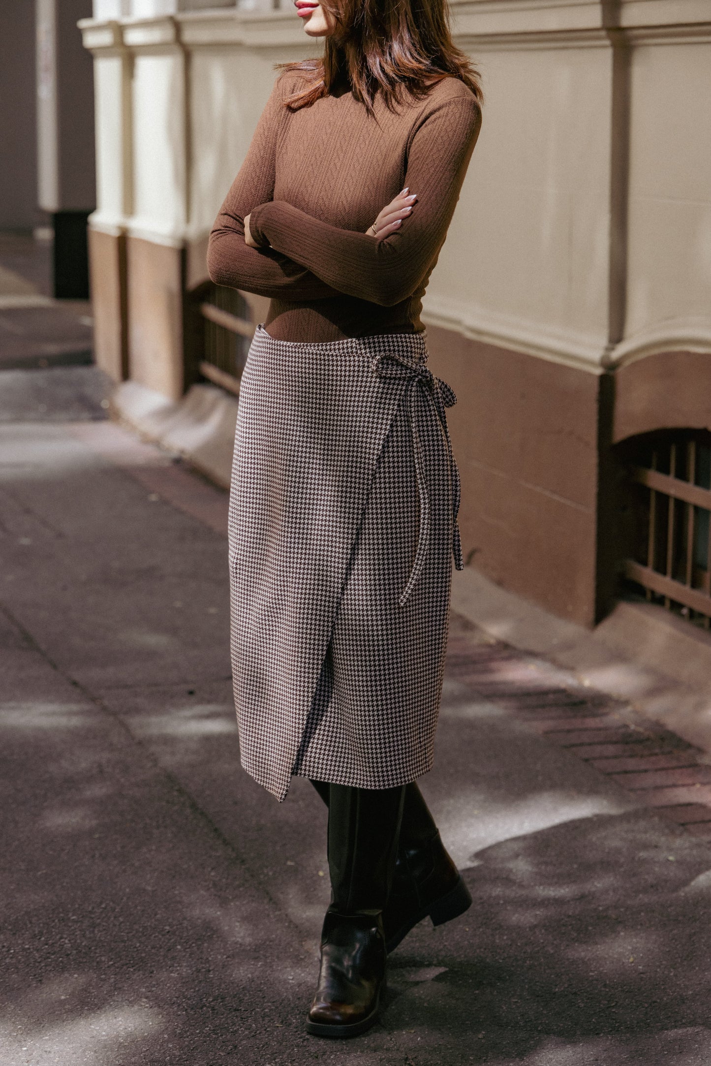 Ariela Wrap Front Midi Skirt - Brown Houndstooth