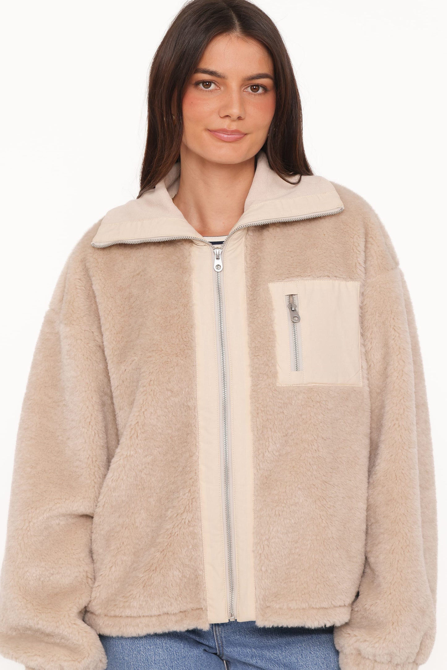 Branda Sherpa Zip Up Jacket - Beige