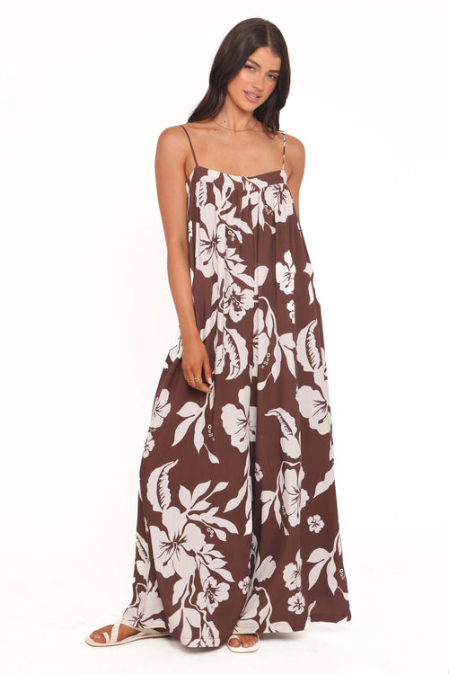 Abegail Flowy Jumpsuit - Brown Hibiscus