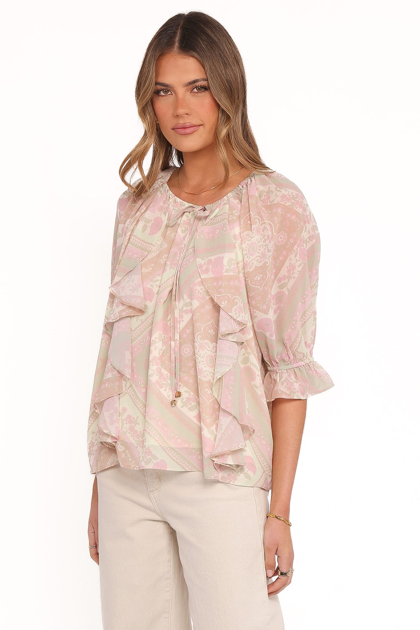 Arletta Ruffle Top - Sage Paisley
