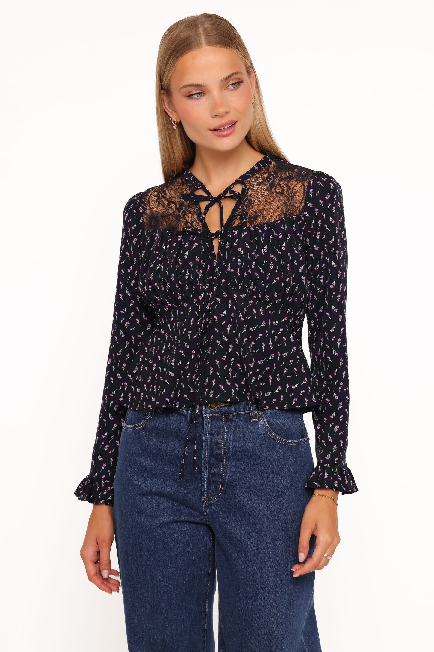 Caoimhe Lace Inset Top - Navy Tulip Floral