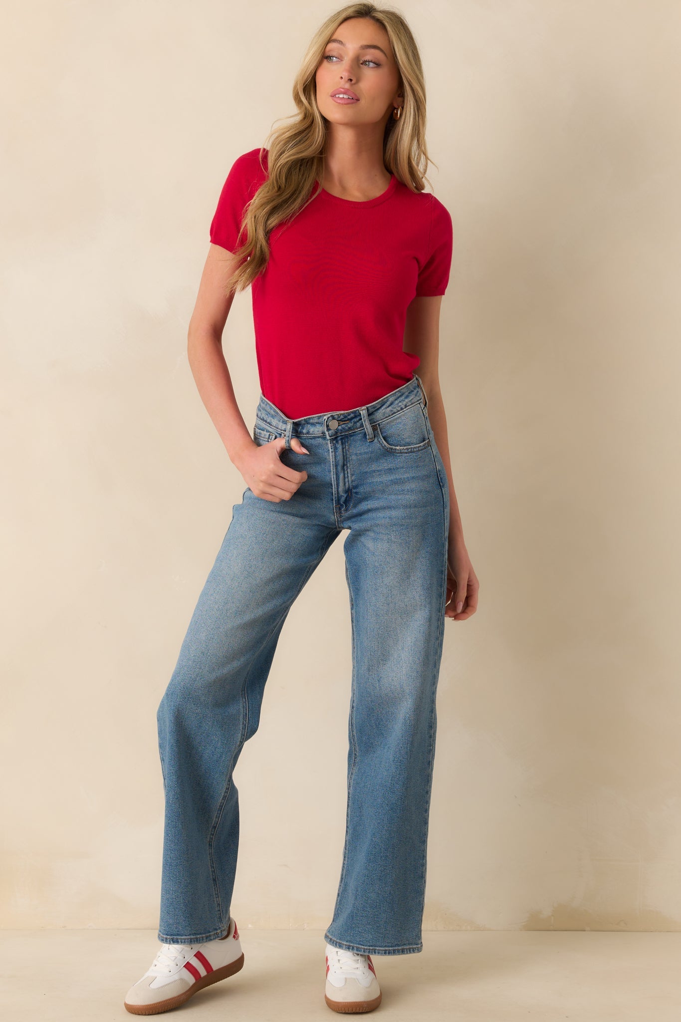 Cross Your Mind Red Short Sleeve Sweater Top